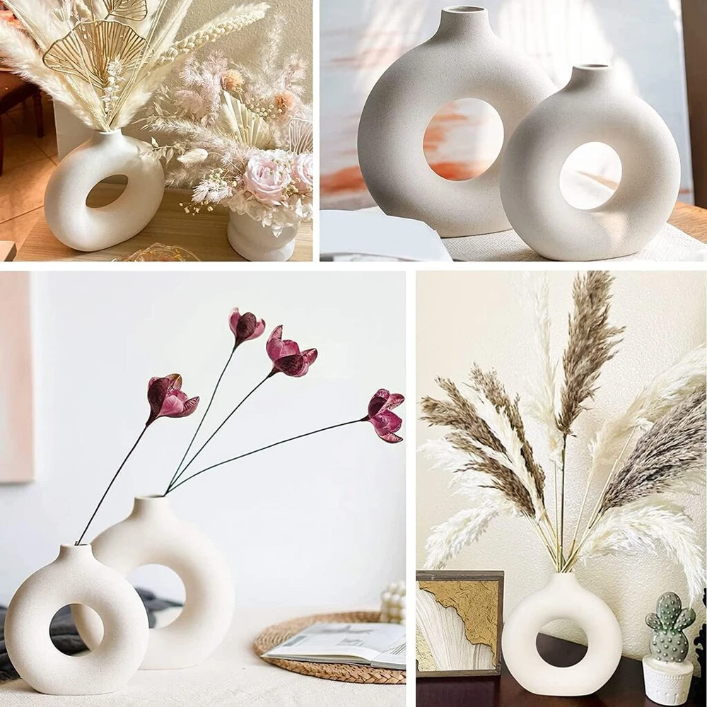Aruva Ceramics Vaza – 2 baltų keraminių vazų rinkinys namų dekoravimui, vazos džiovintoms gėlėms ant stalo su pampų žole, kambario dekoracija dovanai, maža ir vidutinė