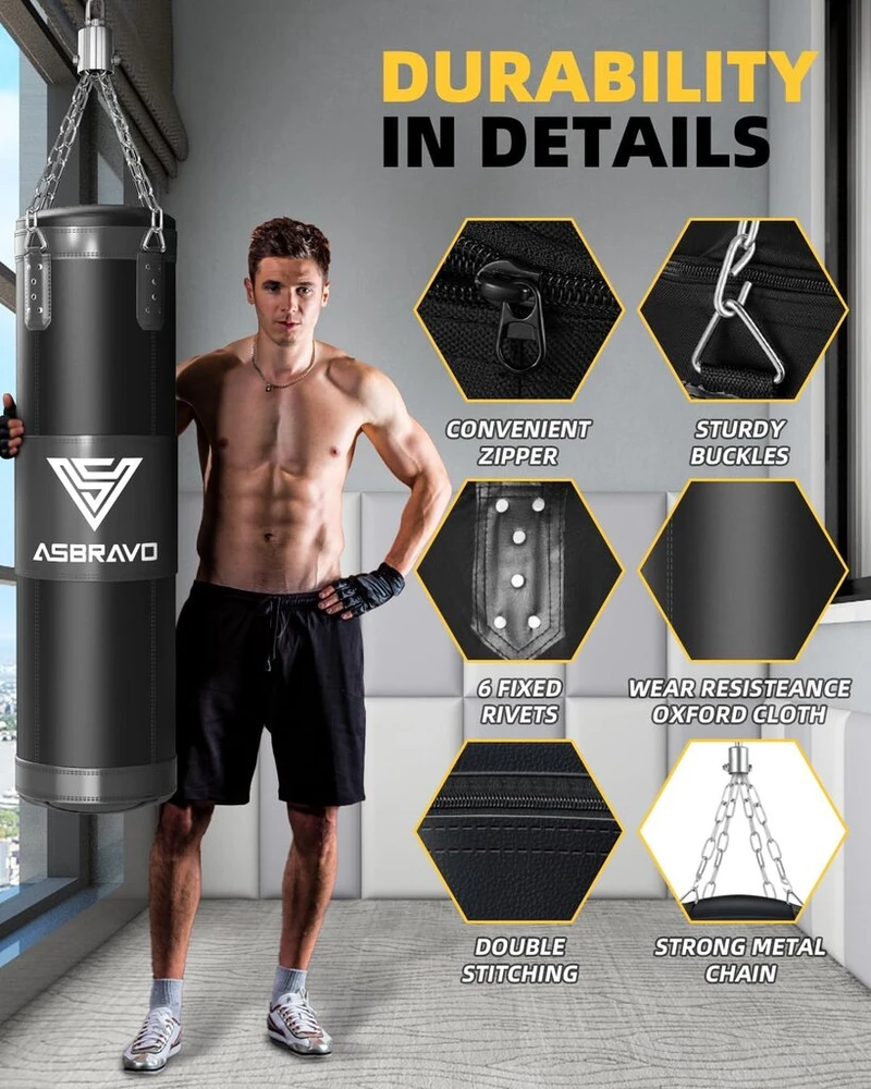 Asbravo bokso kriaušė suaugusiems, 120 cm oxford sunki bokso kriaušės komplektas, 12 oz pirštinės mma muay thai kikbokso treniruotėms namų sporto salei, kovos menai (nepripildyta)