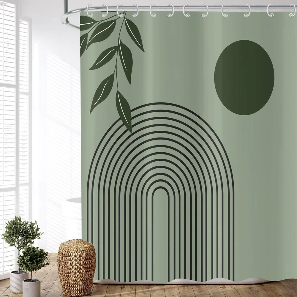 Asdcxz Boho dušo užuolaida 180 x 200 cm, moderni abstrakti žalios lapų saulės linijos šalavijų žalios vonios kambario plaunamos dušo užuolaidos poliesterio tekstilės vandeniui atspari vonios užuolaida voniai su 12 kabliukų