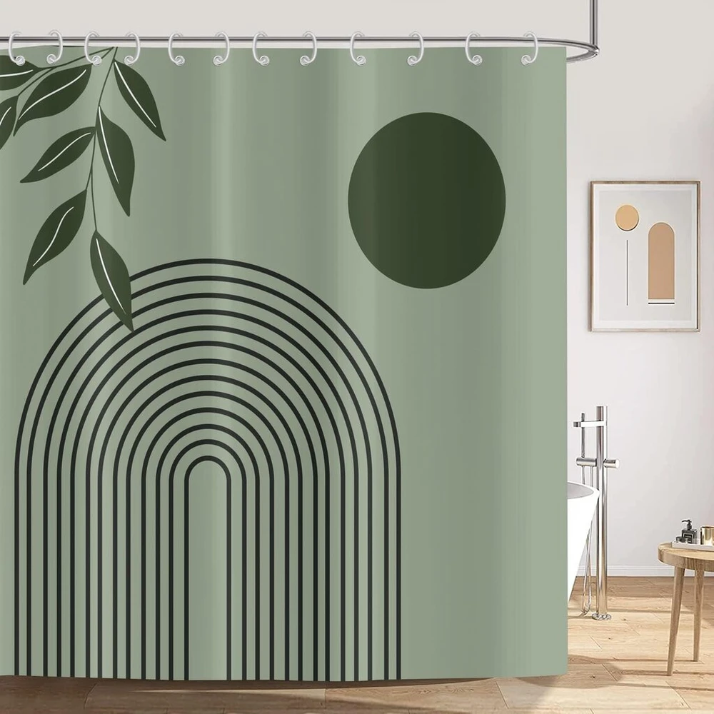 Asdcxz Boho dušo užuolaida 180 x 200 cm, moderni abstrakti žalios lapų saulės linijos šalavijų žalios vonios kambario plaunamos dušo užuolaidos poliesterio tekstilės vandeniui atspari vonios užuolaida voniai su 12 kabliukų