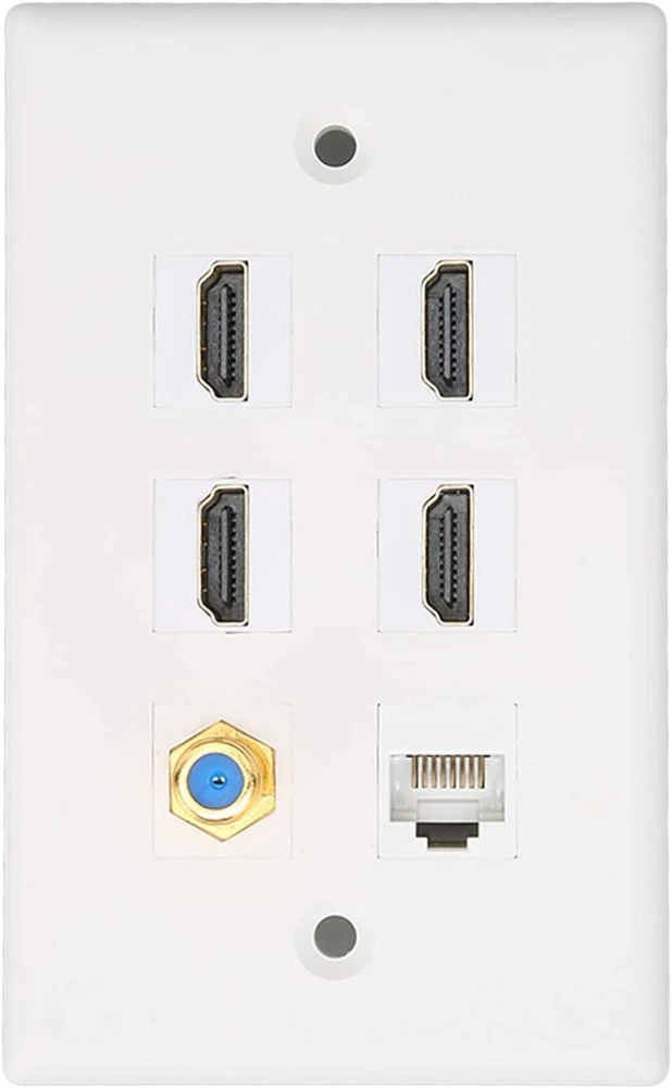 Automagnetola Ashata 6 prievadų hdmi koaksialinio ethernet sieninė plokštė, 4 hdmi prievadai, rj45 ethernet tinklo koaksialinis ir tv f galvutės prievado medijos sieniniai lizdai, suderinami su cat5 cat5e cat6 kabeliu