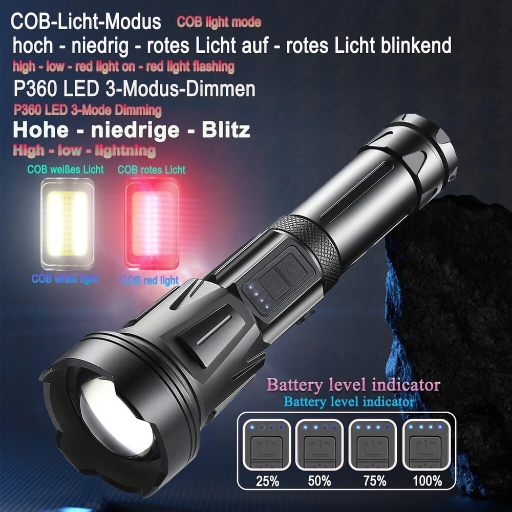 Asort led žibintuvėlis itin ryškus 40 000 liumenų, įkraunamas per usb, 36 šerdžių led, ipx67 atsparus vandeniui, įkraunamas priartinamas žibintuvėlis stovyklavimui, žygiams ir naudojimui avarijos atveju (26650 baterija)