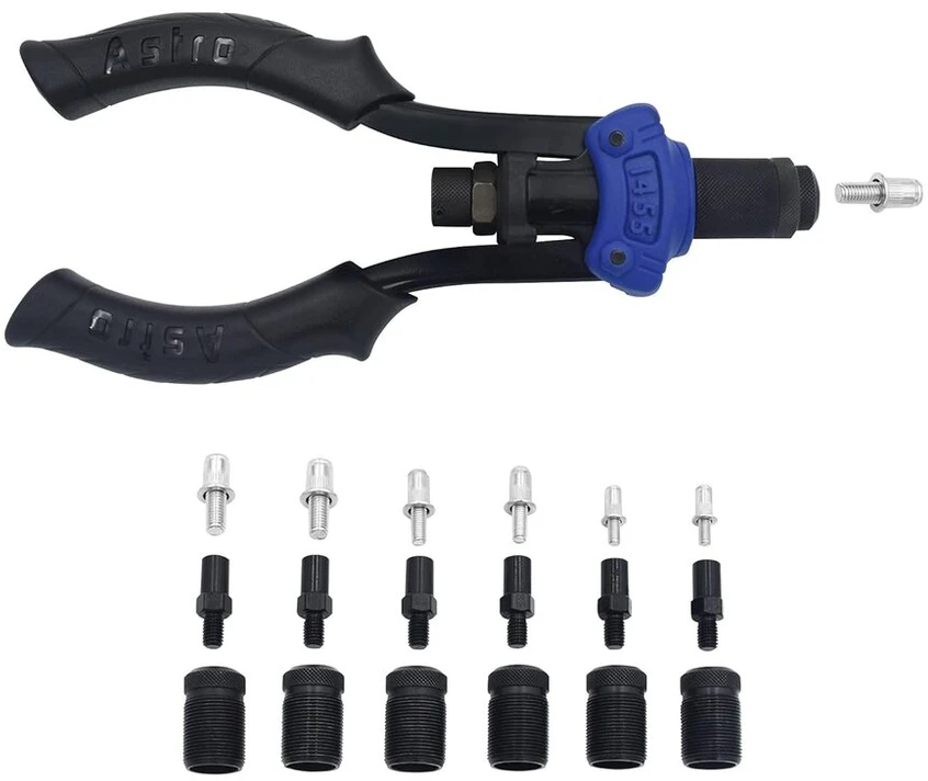 Astro Tools 1455 rankinis kniedžių įsukimo įrankių rinkinys - metrinis ir sae su kniedės varžtu, įvairių spalvų