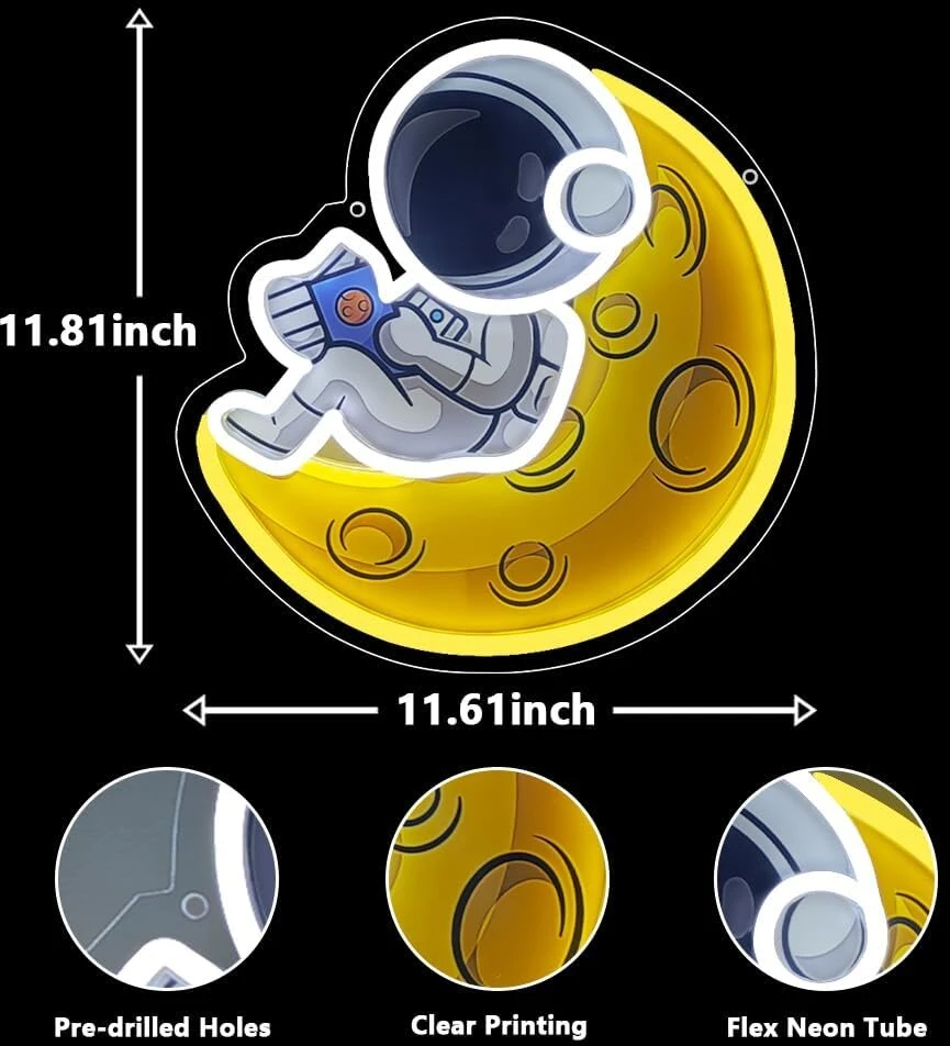 Lova Astronauto neoninis ženklas skaitymui, skirtas sienų dekoravimui, usb maitinamas reguliuojamo ryškumo led astronauto ir mėnulio neoninis ženklas fonui, visatos sienų meno dekoro dovana miegamajam, vyro urvui, vakarėliui (30,2 x 30,5 cm)