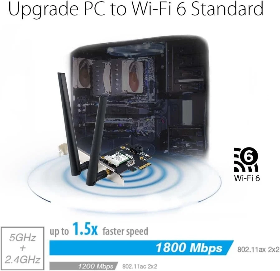 Asus Pce-ax1800 tinklo plokštė (ax1800 dviejų dažnių Pci-e Wifi 6 (802.11ax) Bluetooth 5.2, Wpa3 tinklo saugumas, Ofdma ir Mu-mimo