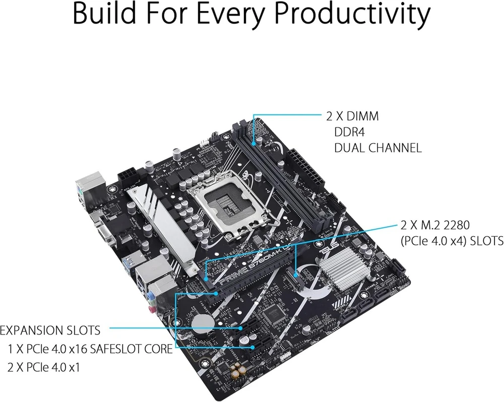 Vaizdo plokštė Asus Prime B760m-k D4 žaidimų pagrindinė plokštė, socket intel Lga 1700 (intel B760, Matx, Ddr4 atmintis, 2x Pcie 4.0 M.2, Aura Sync)