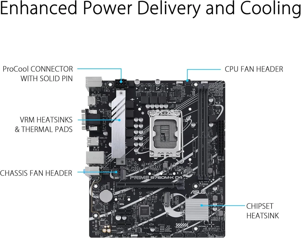 Vaizdo plokštė Asus Prime B760m-k D4 žaidimų pagrindinė plokštė, socket intel Lga 1700 (intel B760, Matx, Ddr4 atmintis, 2x Pcie 4.0 M.2, Aura Sync)