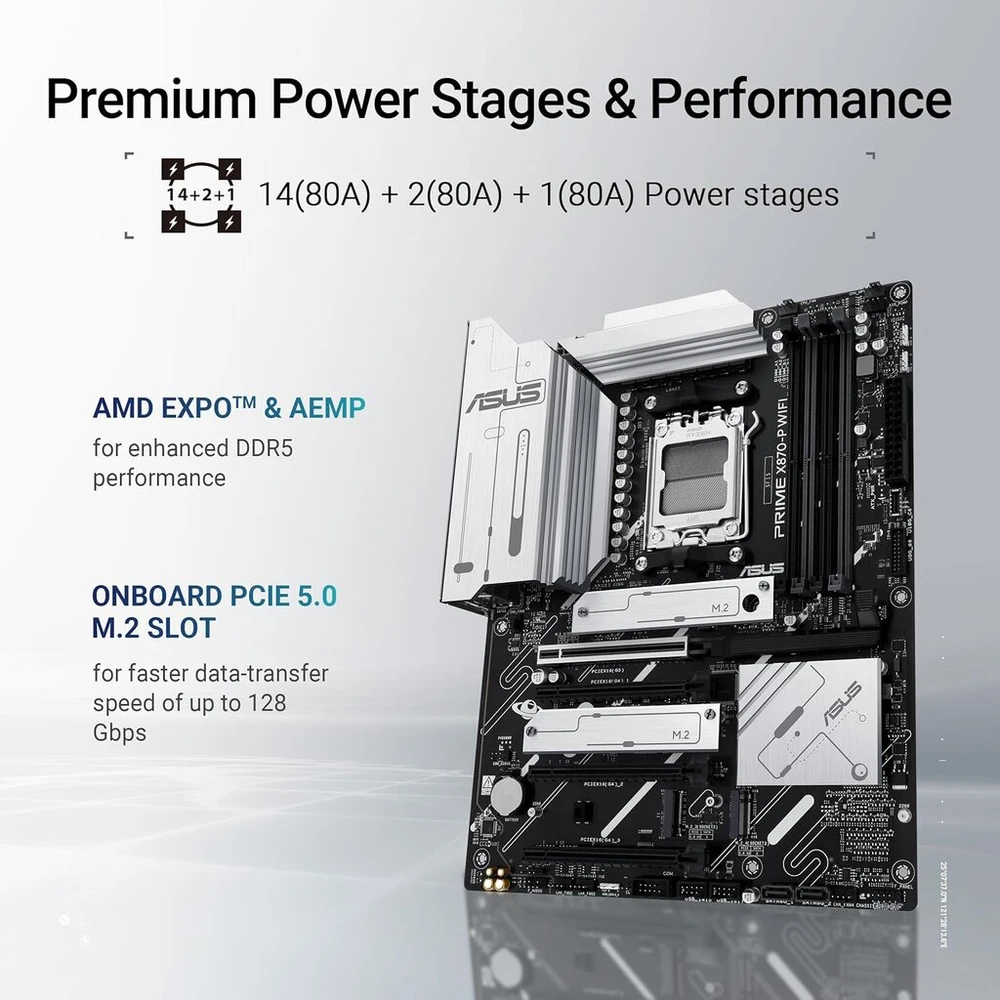 Pagrindinė plokštė Asus Prime X870-p Wifi motininė plokštė, Socket Am5 (amd, Atx, Pcie 5.0, Ddr5, 14+2+1 galios pakopos, 4x M.2, Wifi 7, 2.5 Gb Ethernet, Usb-c 40 Gbps)