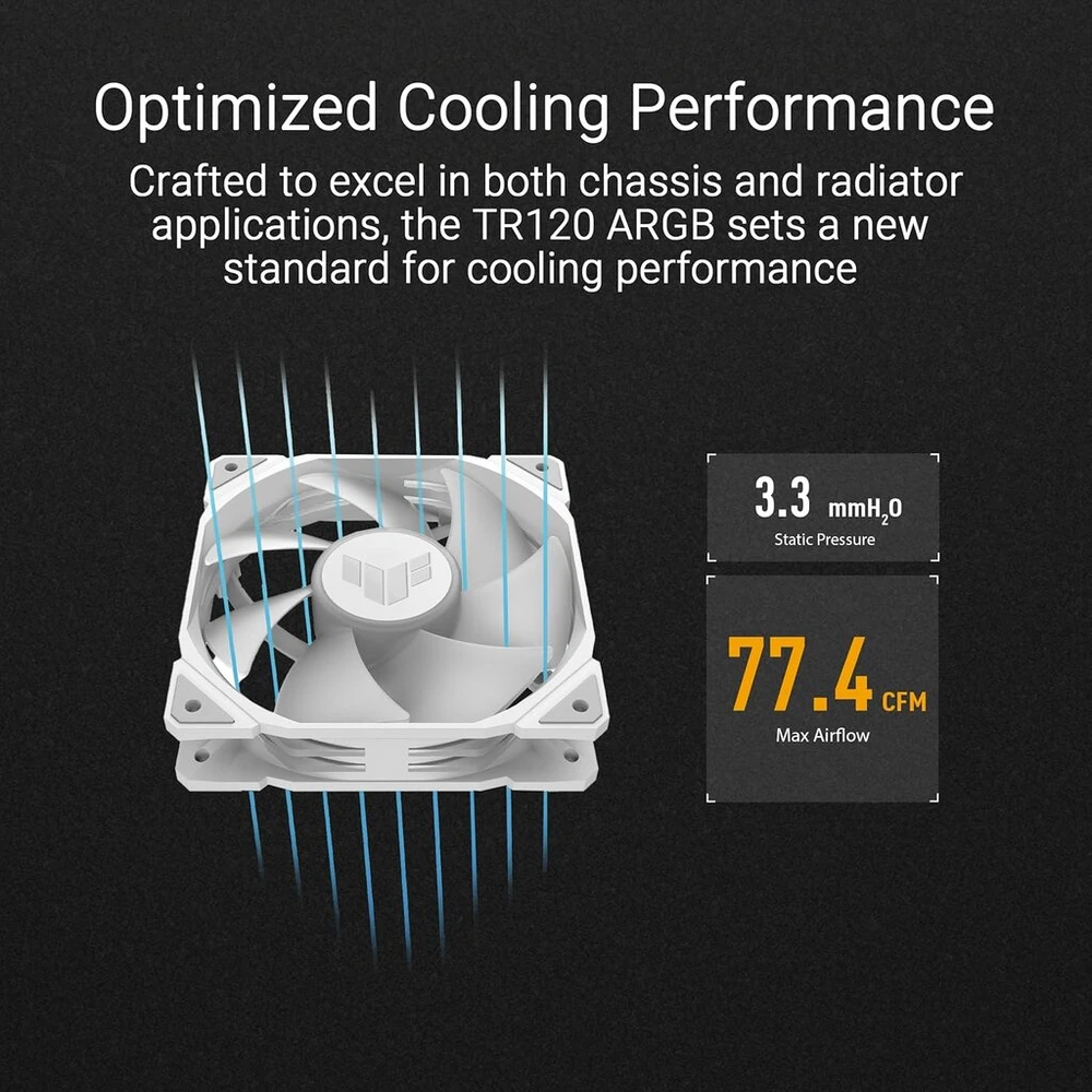 Asus Tuf Gaming Tr120 Argb standartinis baltas korpuso ventiliatorius, vieno vieneto pakuotė (120 mm Pwm Pc ventiliatorius, 2000 aps/min, 3,3 mm H2o, 77,4 Cfm oro srautas, 16 individualiai valdomų Rgb šviesos diodų, baltas)