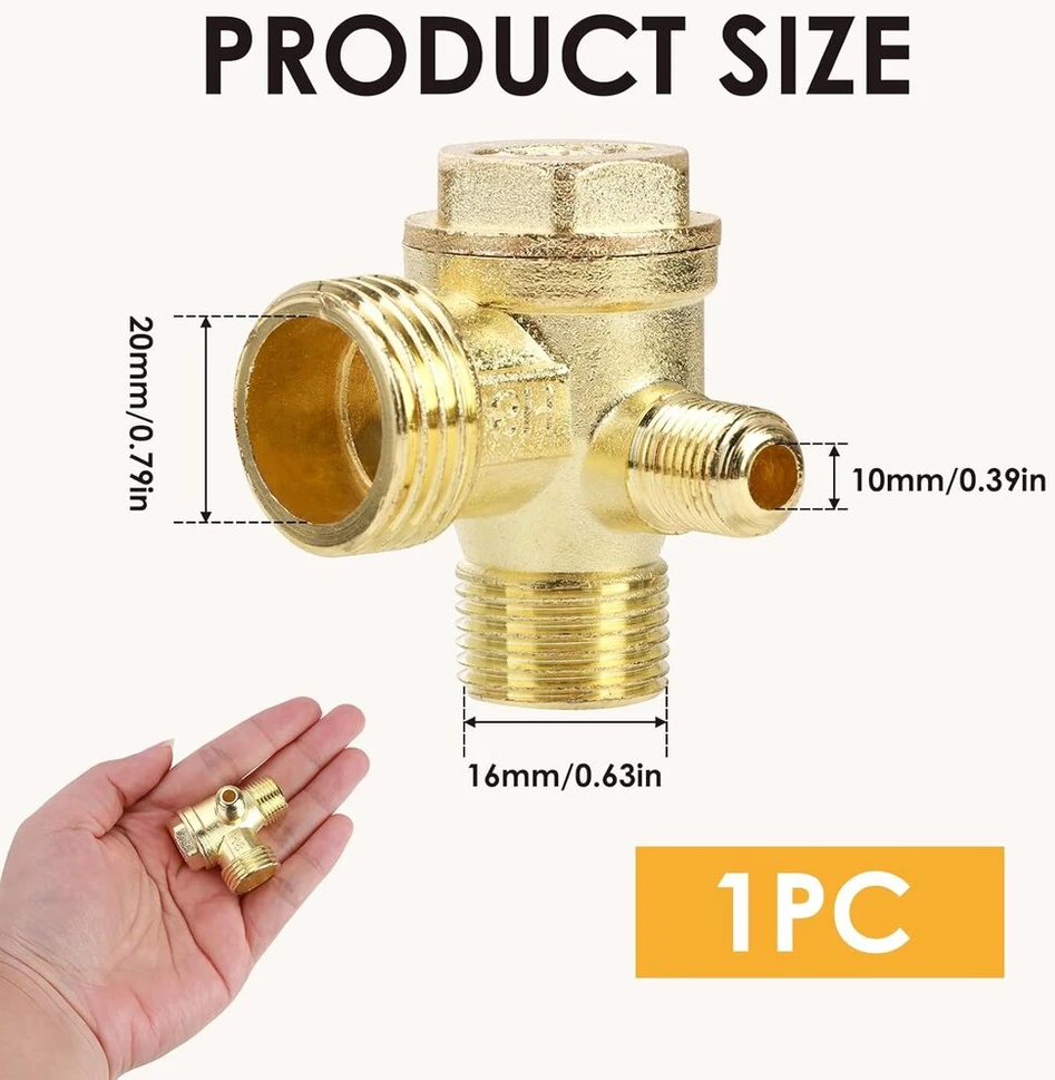 Atbulinis vožtuvas kompresoriui 3 krypčių sriegis 20 x 16 x 10 mm vyriškas kompresoriaus atsarginių dalių 3 krypčių žalvarinis oro kompresorius su vyrišku sriegiu