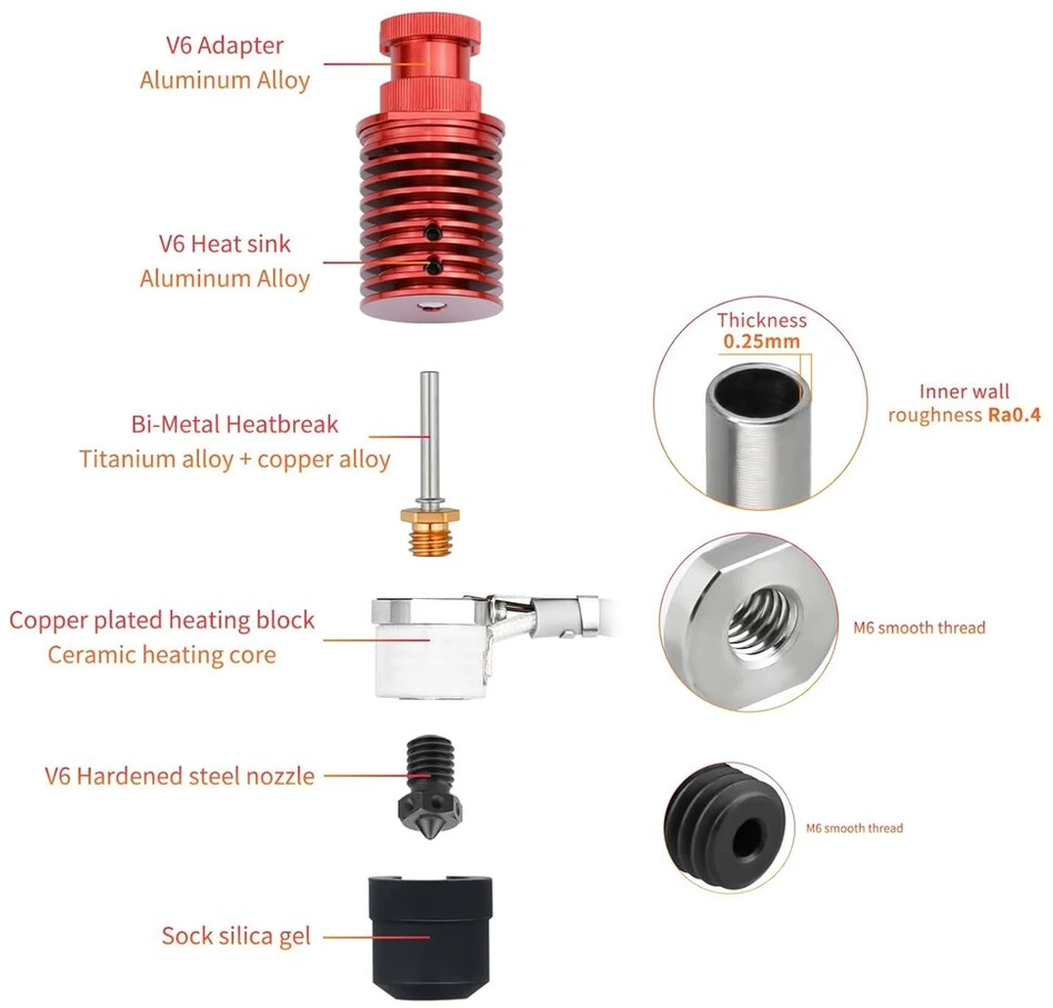 Atnaujintas keraminis šildytuvo elementas chc v6 hotend bi-metalinis heatbreak grūdinto plieno antgalis 0.4 suderinamas su voron 0.1 2.4 ddb dde ekstruderiu pakeičia dragon hot end 3d spausdintuvo dalis