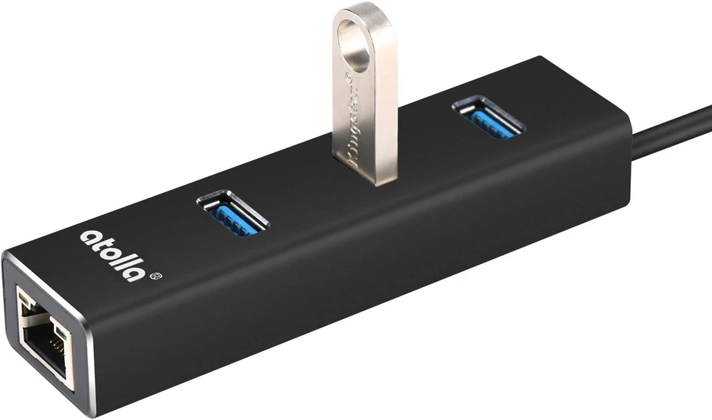 Atolla Usb 3.0 šakotuvas, 3 prievadai, aliumininis, su Rj45 adapteriu, Usb, gigabitinis, eternetas, 1000 Mbps, tinklo prievadas, suderinamas su Windows, Mac Os, Chrome, Linux, Wii U (juodas)