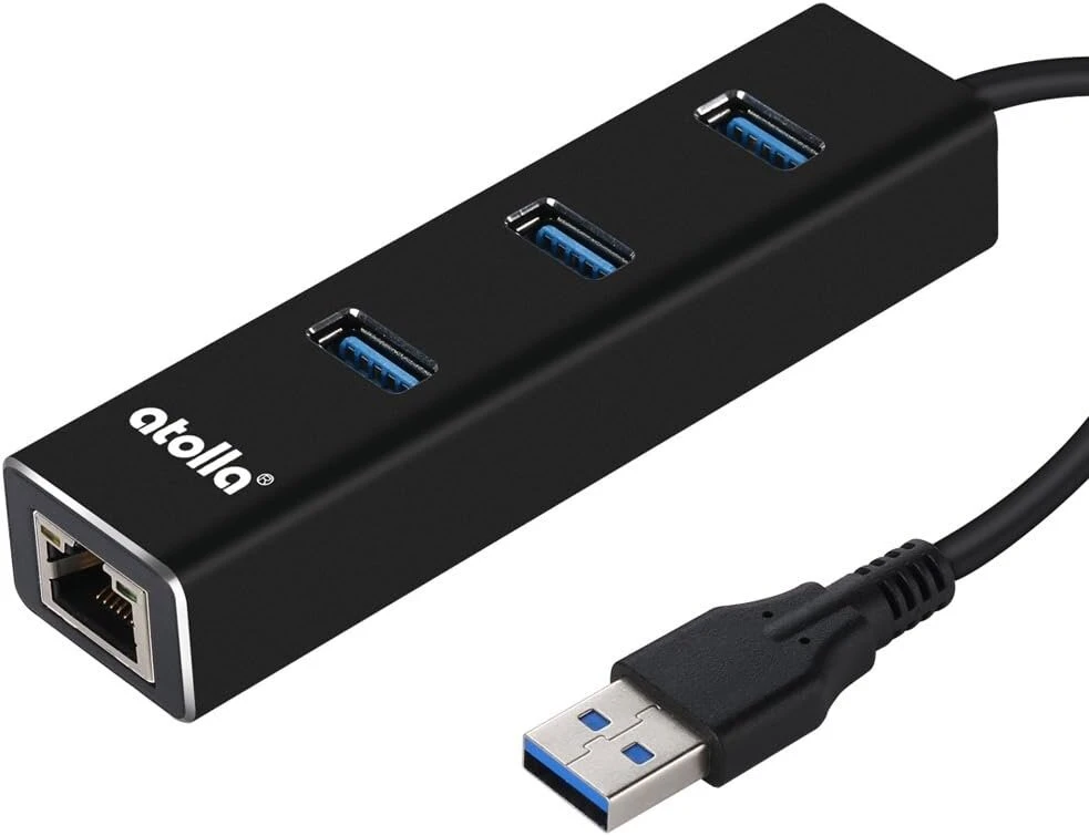 Atolla Usb 3.0 šakotuvas, 3 prievadai, aliumininis, su Rj45 adapteriu, Usb, gigabitinis, eternetas, 1000 Mbps, tinklo prievadas, suderinamas su Windows, Mac Os, Chrome, Linux, Wii U (juodas)