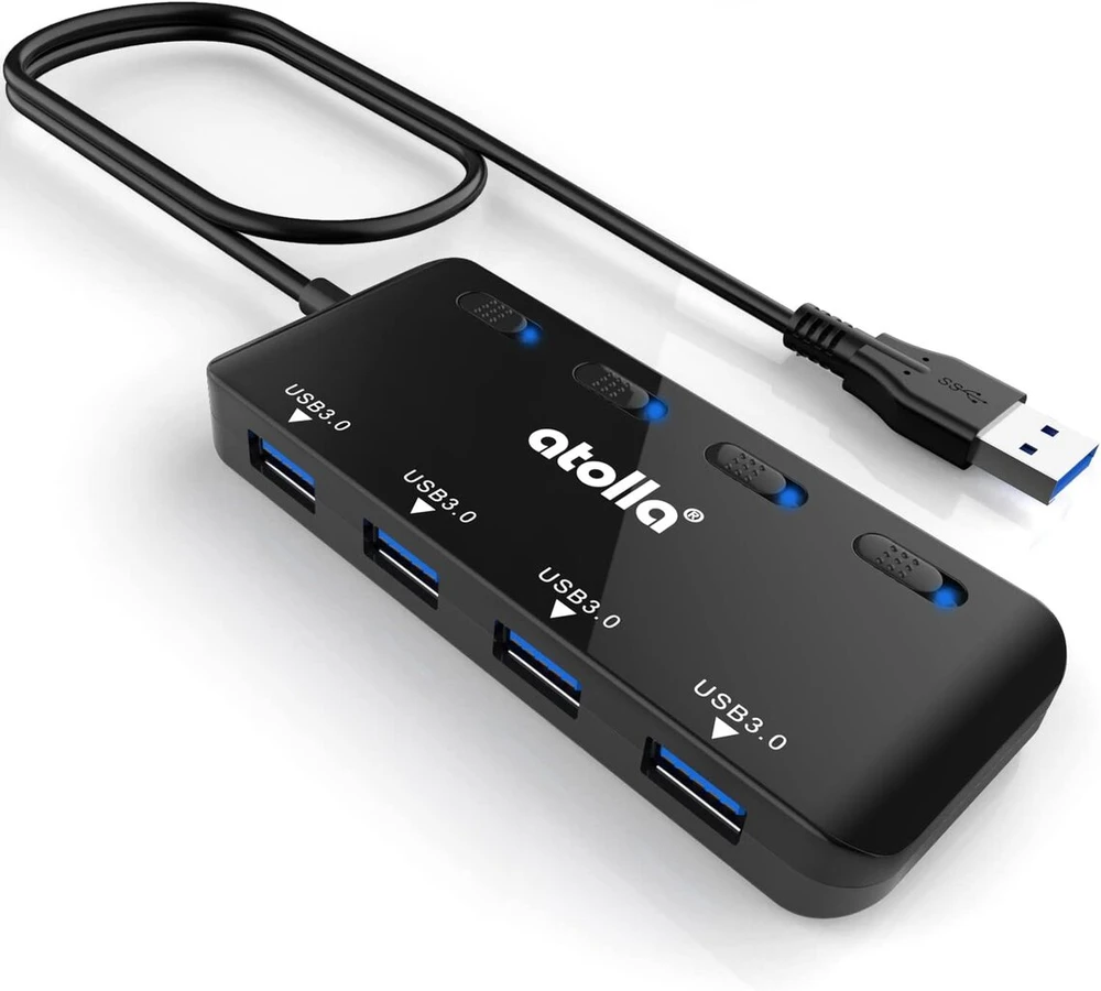 Atolla usb 3.0 šakotuvas su maitinimo juosta, duomenų šakotuvas, 4 prievadai, itin plonas, su 60 cm ilgio prailginimo laidu ir indikatoriaus lemputėmis vienam maitinimo jungikliui