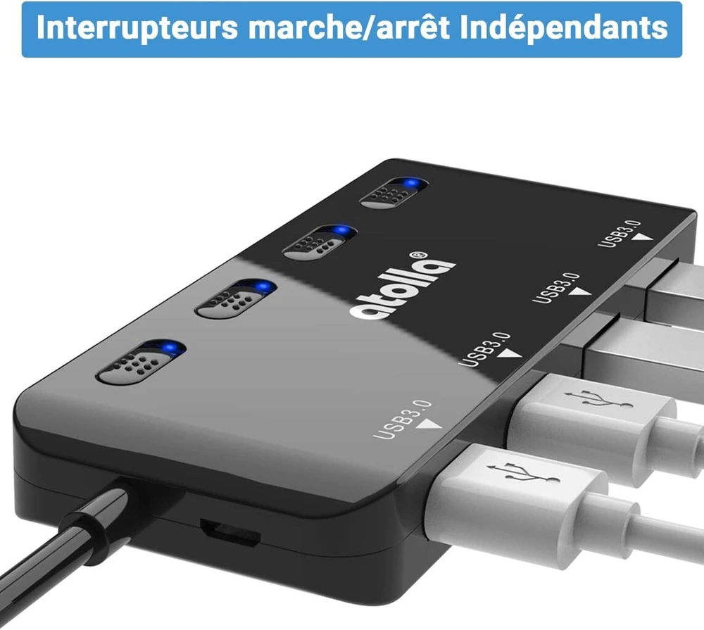 Atolla usb 3.0 šakotuvas su maitinimo juosta, duomenų šakotuvas, 4 prievadai, itin plonas, su 60 cm ilgio prailginimo laidu ir indikatoriaus lemputėmis vienam maitinimo jungikliui