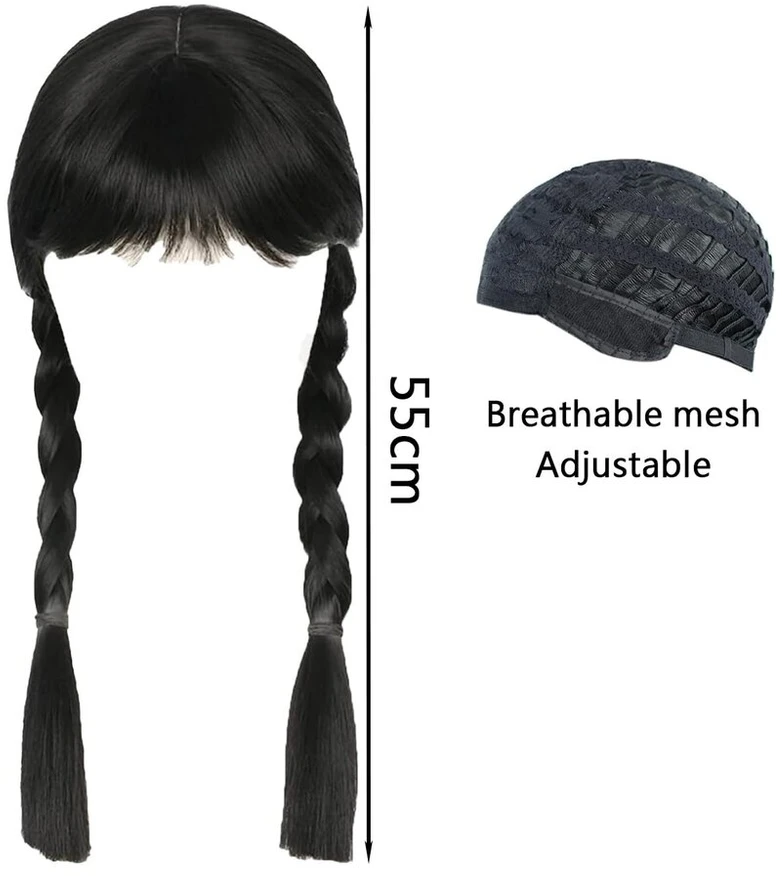 Atsmoce® Wednesday perukas, Wednesday perukas su kirpčiukais mergaitėms ir moterims, ilgi juodi pinti perukai, skirti Helovinui, Cosplay, karnavalui