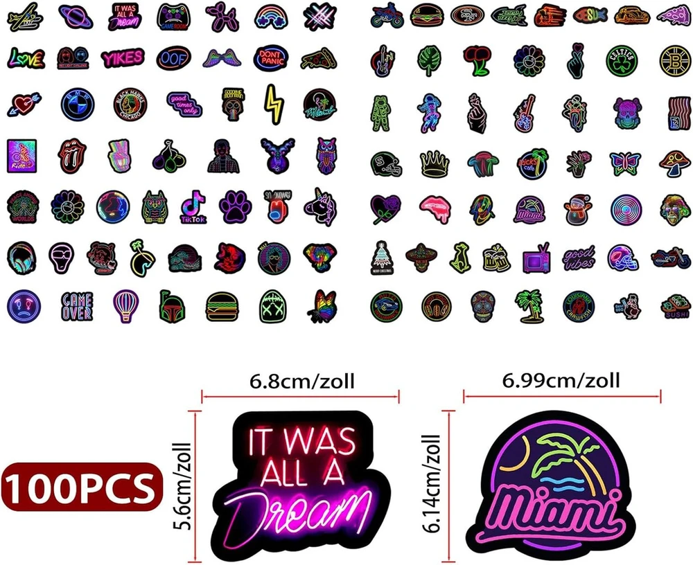 Atspari vandeniui lipdukų graffiti neon rinkinys, 100 vienetų atsparių vandeniui vinilinių šaunių graffiti stiliaus lipdukų nešiojamiems kompiuteriams, vandens buteliams, scrapbooking'ui, mobiliesiems telefonams, riedlentėms