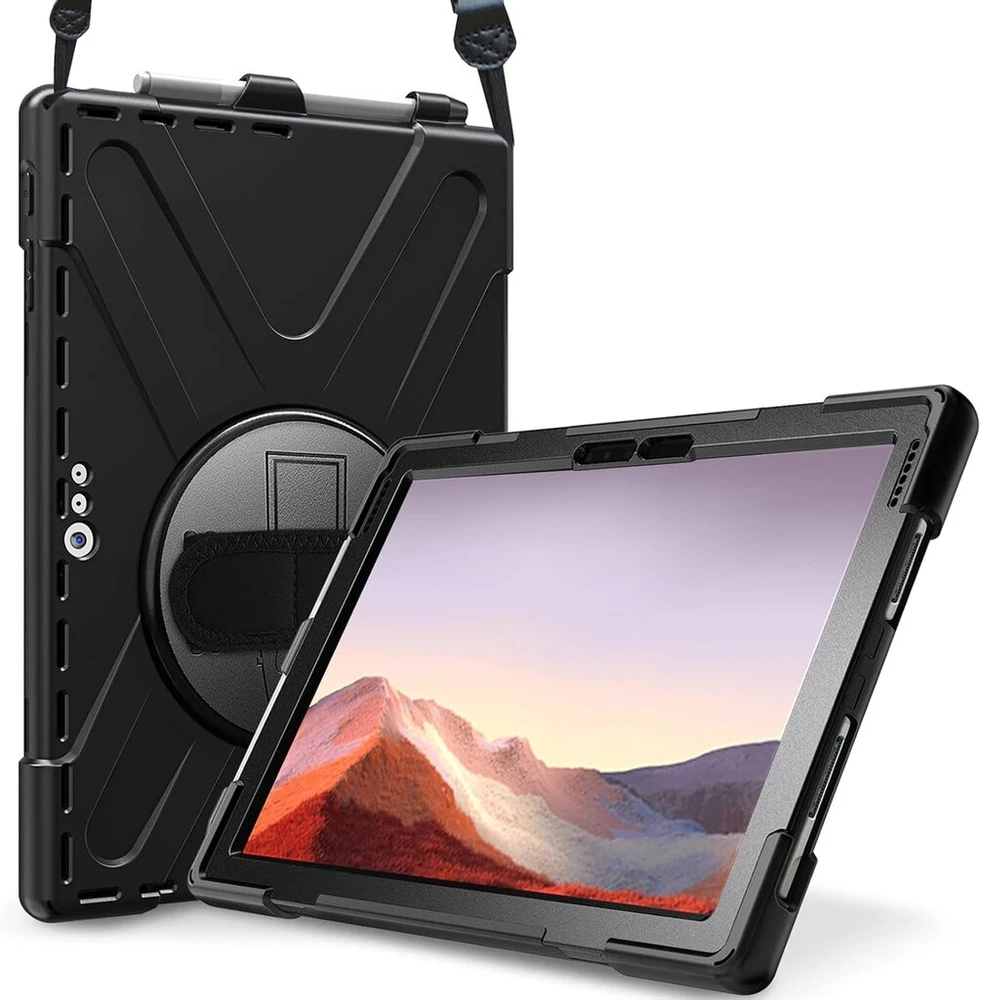 Atsparus smūgiams dėklas procase su stovu ir reguliuojamu dirželiu per petį, skirtas surface pro 7 plus, pro 7 / pro 6 / pro 5 (2017) / pro 4 / pro lte, tvirtas hibridinis apsauginis dėklas su dirželiu - juodas