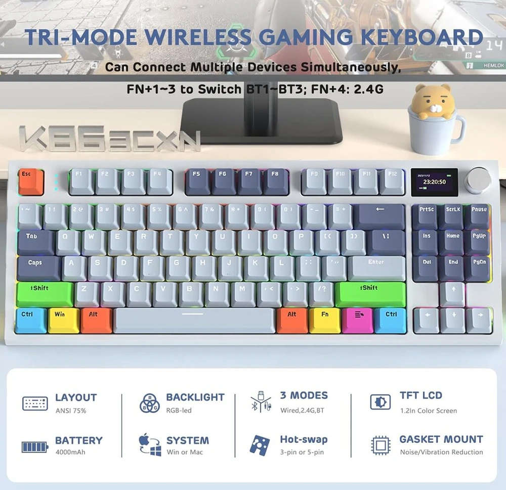 Attack Shark K86 mechaninė klaviatūra, 2.4g Belaidė/bt5.0/usb-c laidinė žaidimų klaviatūra, 75% Tkl 87 klavišų su 1.2 colio Tft Hd spalvotu ekranu ir Cnc mygtuku, Rgb apšvietimu, Ttc Hot-swap Pbt klavišų dangteliais - Blaupro