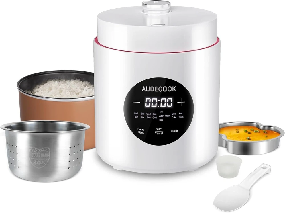Audecook Ryžiųquick cooker mažas 1.5 l su mažo angliavandenių kiekio funkcija ir garintuvu, mini Ryžiųquick cooker su 7 funkcijomis, skaitmeninis Daugiafunkcisquick cooker, laikmatis, šilumos palaikymo funkcija sveikam maitinimuisi, Daugiafunkcisquick coo
