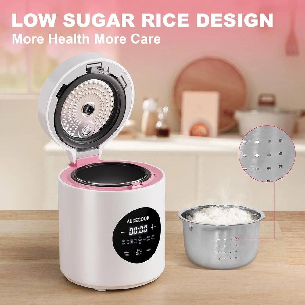 Audecook Ryžiųquick cooker mažas 1.5 l su mažo angliavandenių kiekio funkcija ir garintuvu, mini Ryžiųquick cooker su 7 funkcijomis, skaitmeninis Daugiafunkcisquick cooker, laikmatis, šilumos palaikymo funkcija sveikam maitinimuisi, Daugiafunkcisquick coo