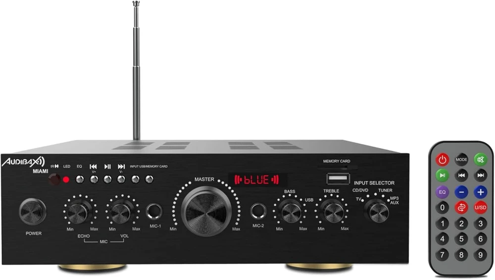Muzikinis centras Audibax Miami karaoke stiprintuvas su bluetooth 100w + 100w. Nuotolinio valdymo pultas