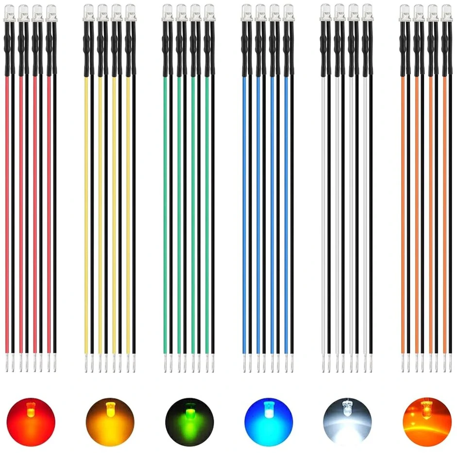 Aukenien 60 vnt. 3 mm 12 V iš anksto prijungtų skaidrių Led šviesos diodų rinkinys, 12 voltų apvalios galvutės Led diodų šviesos diodų rinkinys, 6 spalvų: balta, raudona, geltona, žalia, mėlyna, oranžinė (10