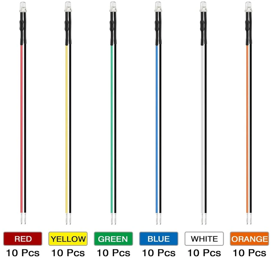 Aukenien 60 vnt. 3 mm 12 V iš anksto prijungtų skaidrių Led šviesos diodų rinkinys, 12 voltų apvalios galvutės Led diodų šviesos diodų rinkinys, 6 spalvų: balta, raudona, geltona, žalia, mėlyna, oranžinė (10