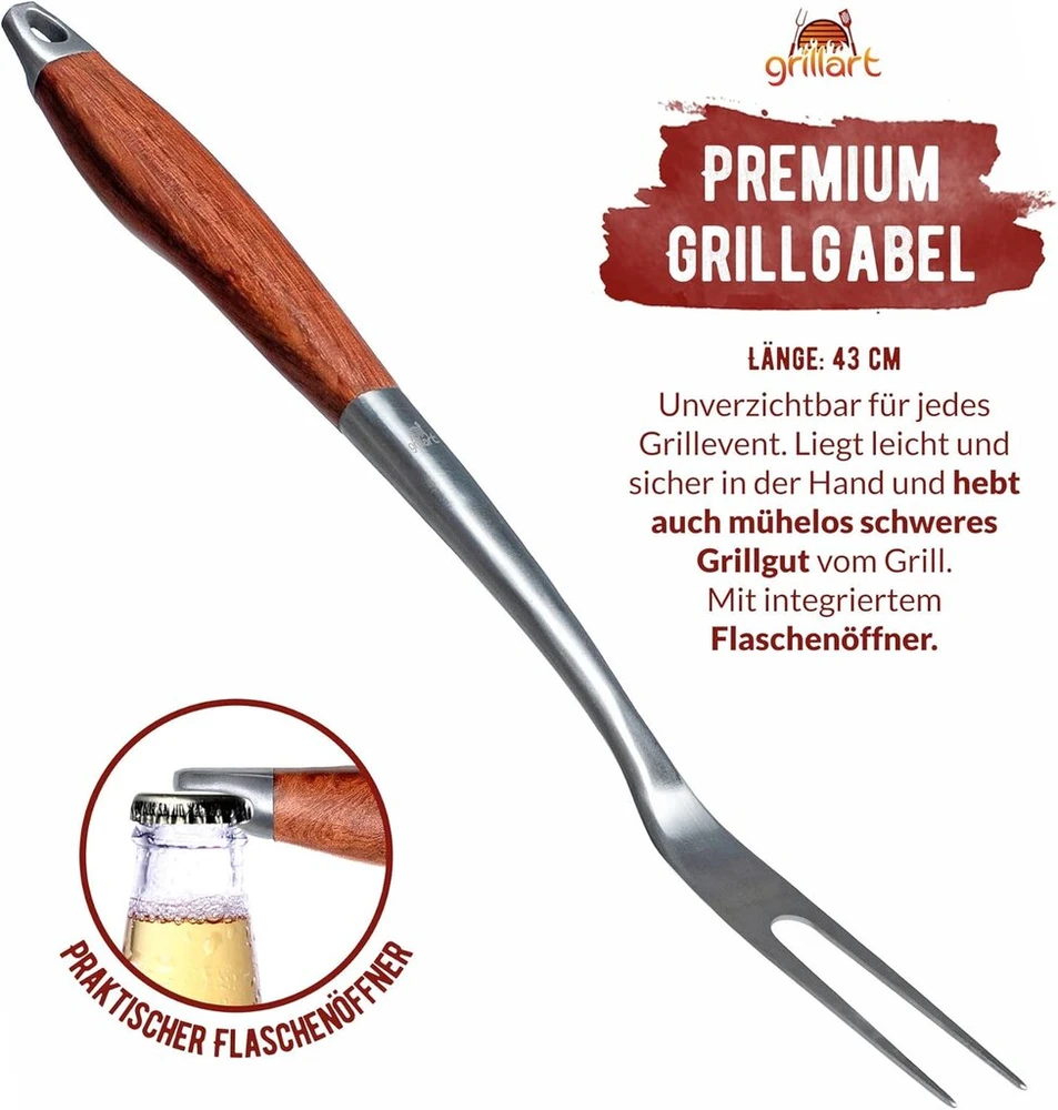 Aukščiausios kokybės grilio įrankių rinkinys, 3 dalių, pagamintas iš aukštos kokybės nerūdijančio plieno ir elegantiškų medinių rankenų, grilio žnyplės, grilio mentelė ir šakutė su ypač ilga rankena, idealus Grillart