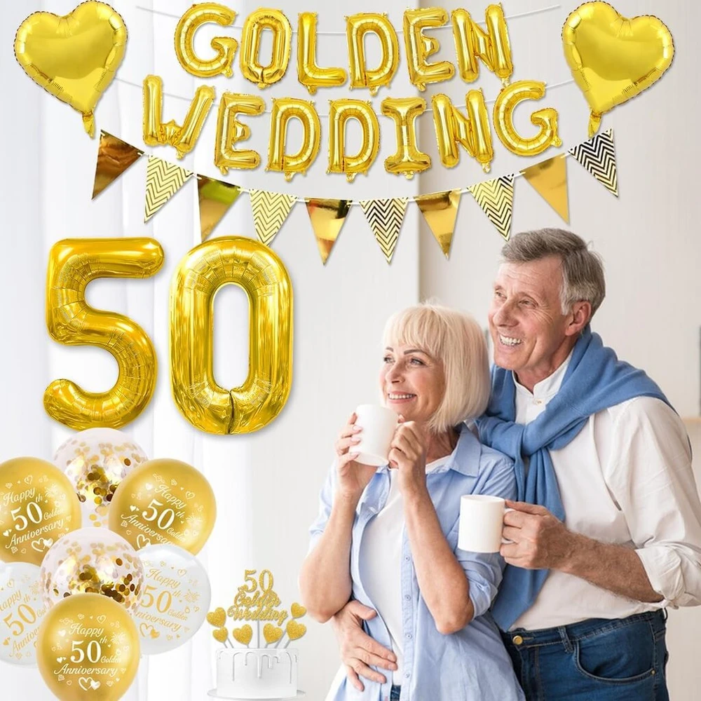 Auksinė vestuvių dekoracija, 50-ųjų vestuvių metinių dekoracijos, 50 auksinės vestuvių balionai, laimingų 50-ųjų metinių balionai, metalinis aukso ir baltų balionų baneris, 50 auksinių vestuvių torto viršūnė
