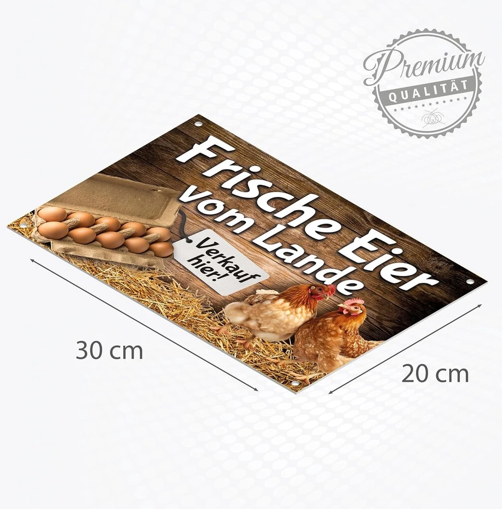 Aukštos kokybės aliuminio dibond ženklas su Uv apsaugine danga "fresh Eggs From the Land" 300 x 200 mm stačiakampis ženklas, spalvotas, su skylėmis