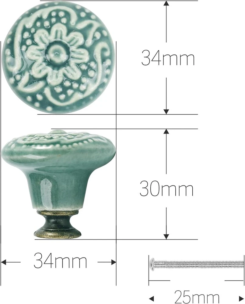 Auped 12 vnt. senovinių baldų rankenėlių rinkinys (34 mm) - retro gėlių dizainas žalios spalvos - virtuvės spintelėms, stalčiams ir komodoms - su montavimo medžiagomis (žalia)
