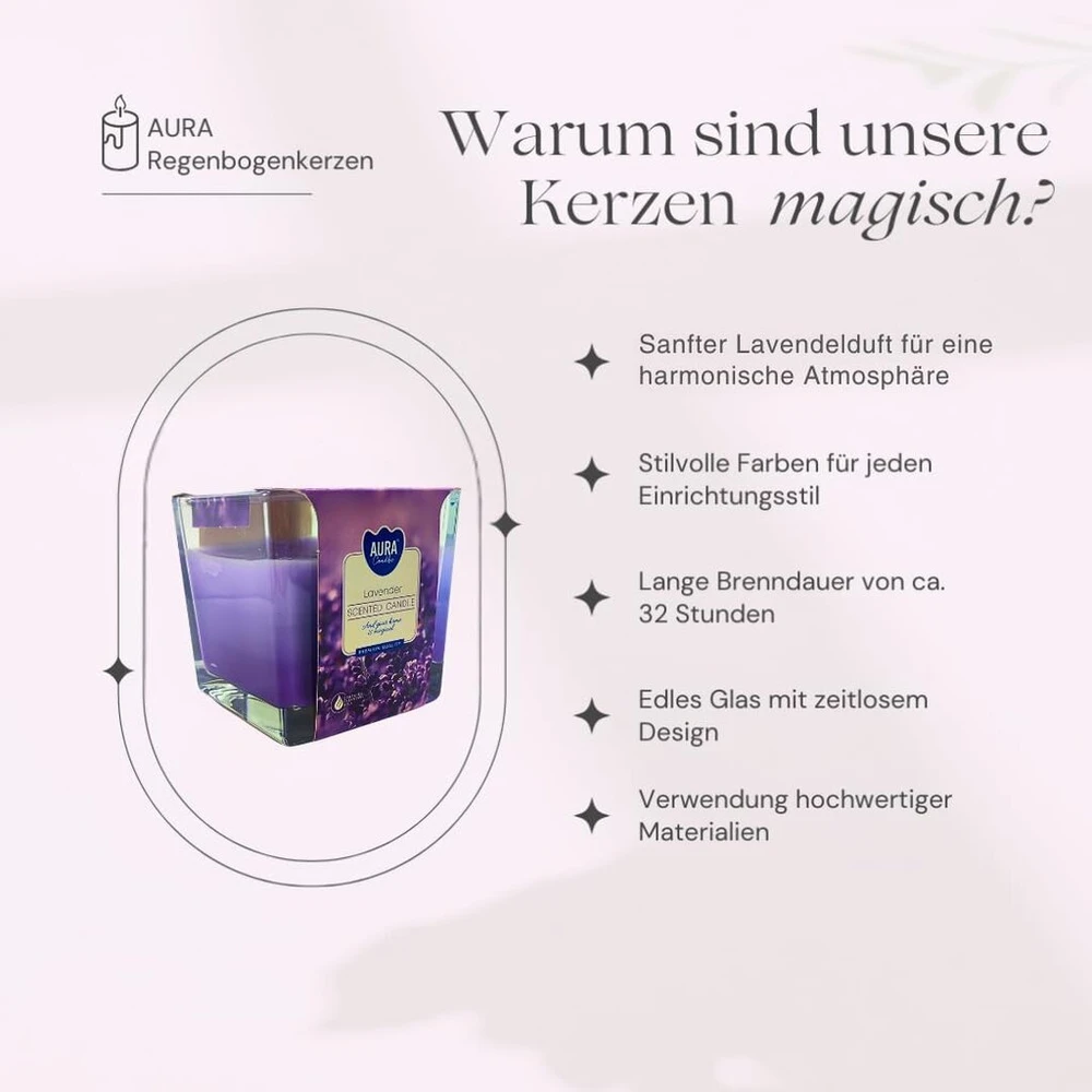 Aura vaivorykštinė žvakė stiklinėje - levandų aromatas, 32 valandų degimo laikas, parafino vaškas, žvakė 170 g, dovanojimo žvakė, malonus ir atpalaiduojantis levandų aromatas