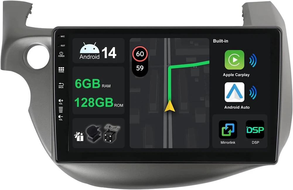 Automagnetola [6g + 128g] ips 10.1 colio android 14 automobilinis radijas honda fit jazz 2007-2014 su navi octa core [integruotas carplay/android car/dsp/mirror link/gps navi/360 kamera/bluetooth 5.0/wifi/usb
