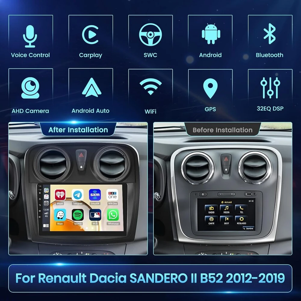 Automagnetola Fuluku 2+64g android automobilinis radijas renault dacia sandero ii b52 2012-2019 su belaidžiu carpaly & android car, 9 colių ips jutiklinis ekranas su bluetooth/gps/atbuline kamera/fm/wifi/swc/26ui