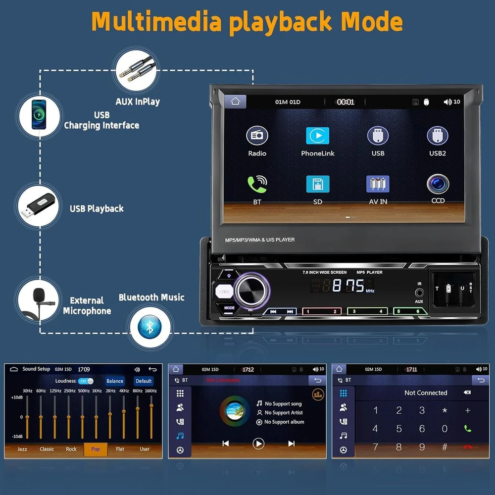Automagnetola Hikity automobilinis radijas 1din belaidis carplay su ištraukiamu 7 colių ekranu automobilinis radijas 1din su android car bluetooth laisvų rankų įranga fm aux tf usb swc veidrodinis atspindys atbulinės eigos kamera