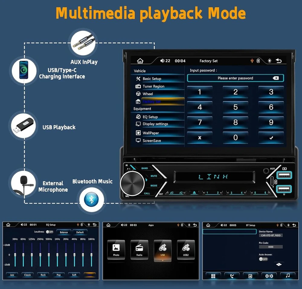 Automagnetola Hikity dab/dab+ automatinis automobilinis radijas 1din belaidis carplay android auto su ekranu išplečiamas 7 colių automobilinis radijas 1din su bluetooth fm aux usb mirror link mic vairo valdymu atbulinės eigos kamera