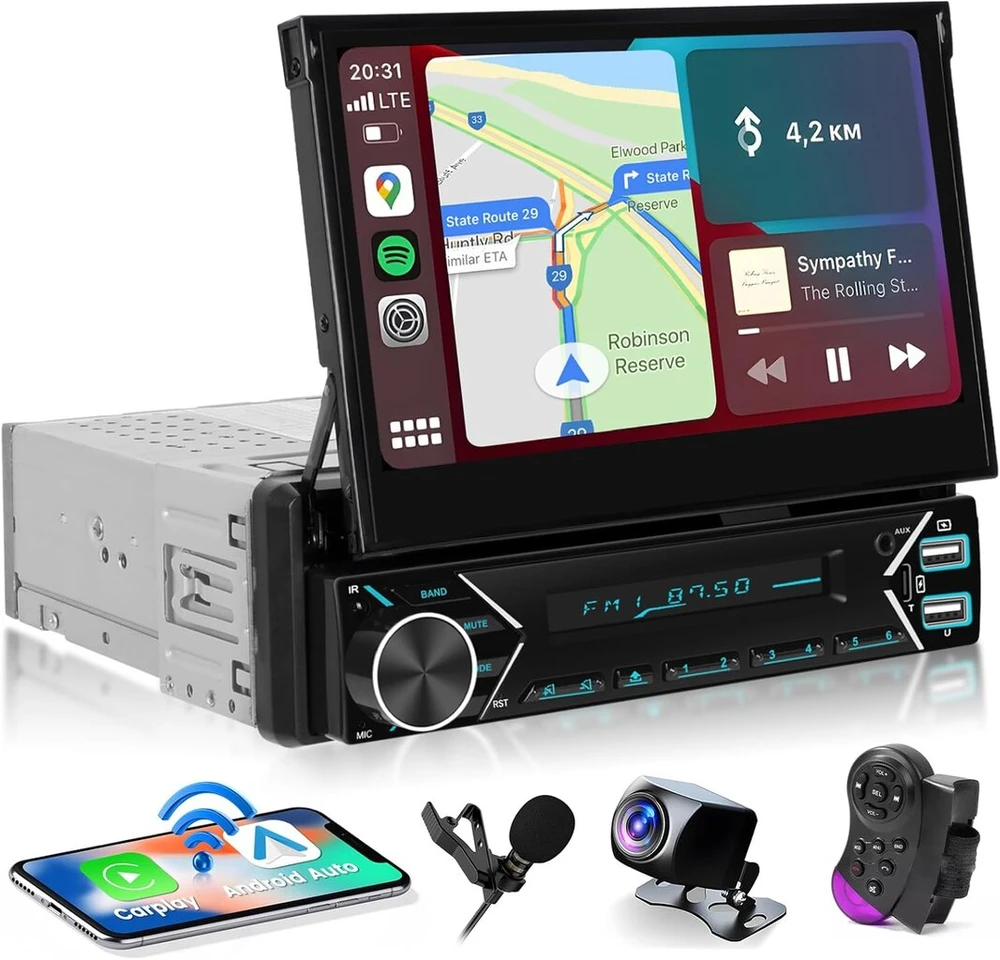 Automagnetola Hikity dab/dab+ automatinis automobilinis radijas 1din belaidis carplay android auto su ekranu išplečiamas 7 colių automobilinis radijas 1din su bluetooth fm aux usb mirror link mic vairo valdymu atbulinės eigos kamera