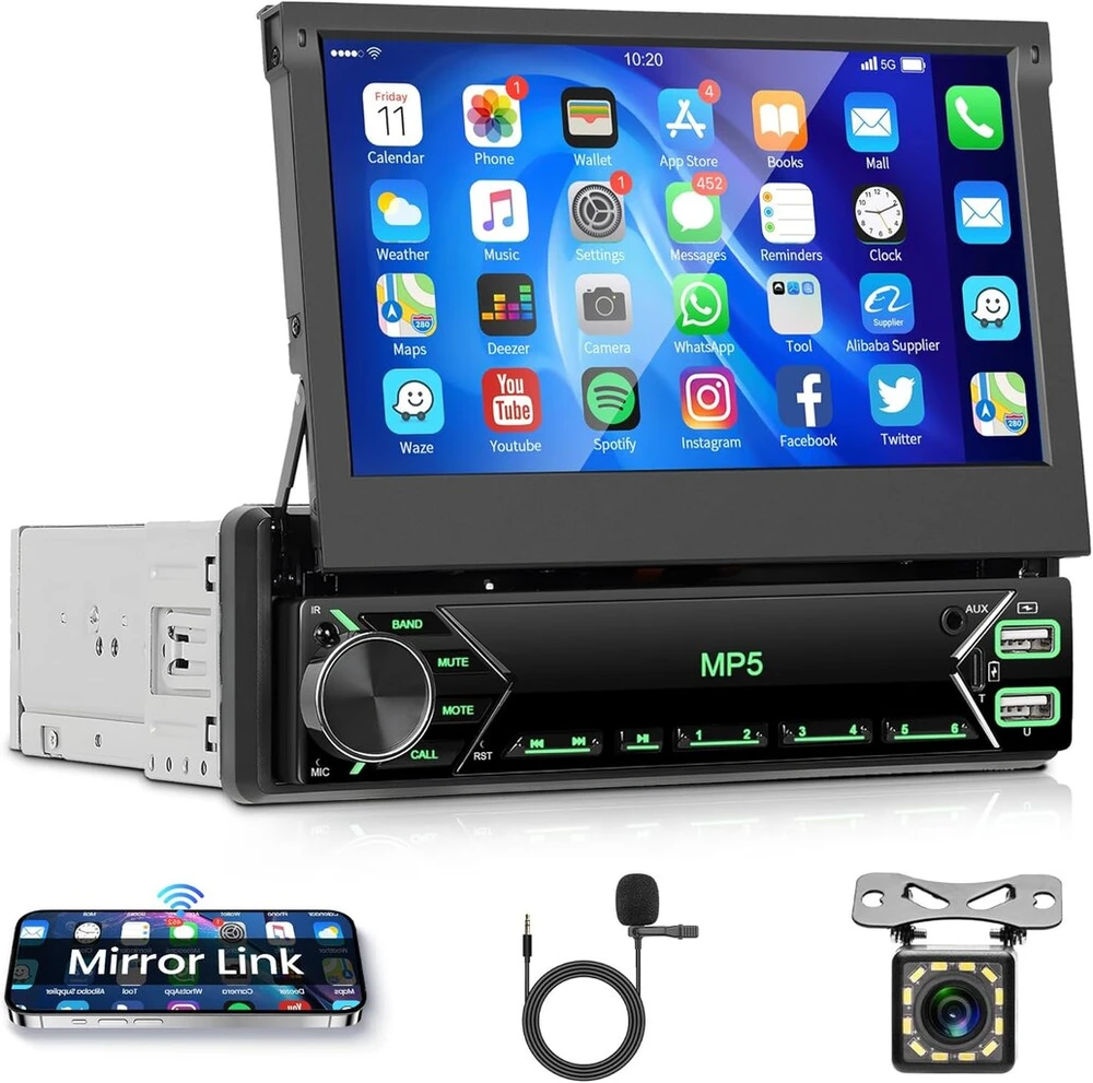 Automagnetola Automobilinis 1 din radijas su bluetooth laisvų rankų įranga, ios/android mirror link, 7 colių rankiniu būdu ištraukiamas ekranas, automobilinis radijas su bluetooth fm radijas/usb/aux/eq/type c vairo valdymu + atbulinės eigos kamera