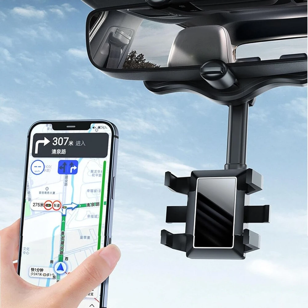 Automobilinis telefono laikiklis ant galinio vaizdo veidrodėlio, reguliuojamo kampo, daugiafunkcinis telefono laikiklis