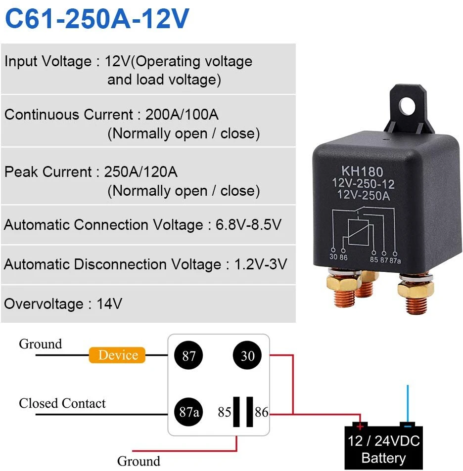 Automobilio Relė 12v 250a, 5 kontaktų, didelės apkrovos