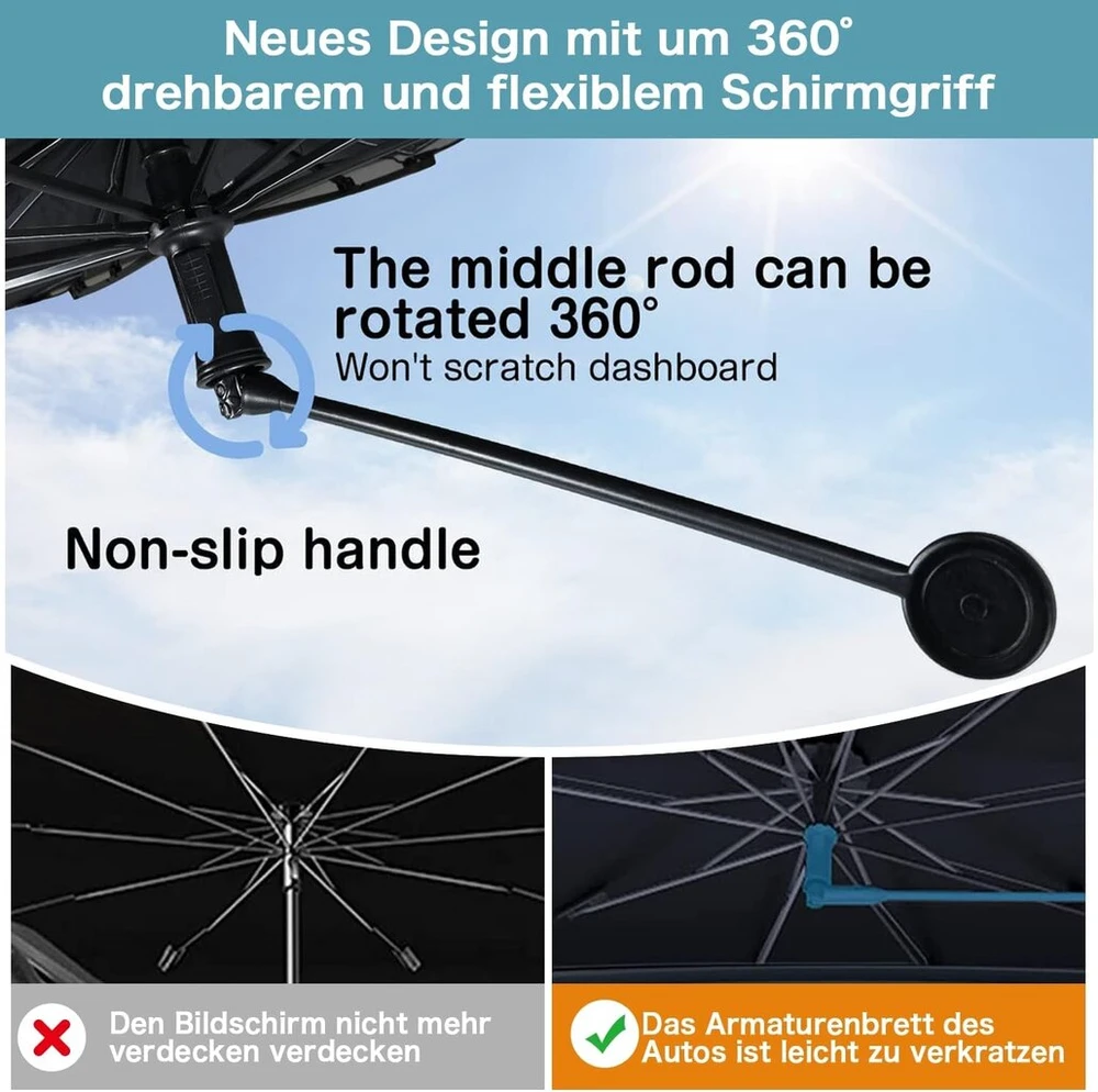 Automobilio saulės skydelis priekiniam stiklui 2025 m. atnaujinimas - 360° besisukanti rankena | anglies pluošto skeletas | efektyvi apsauga nuo Uv spindulių ir šilumos izoliacija | universalus daugumai transporto priemonių, 145 x 83 cm