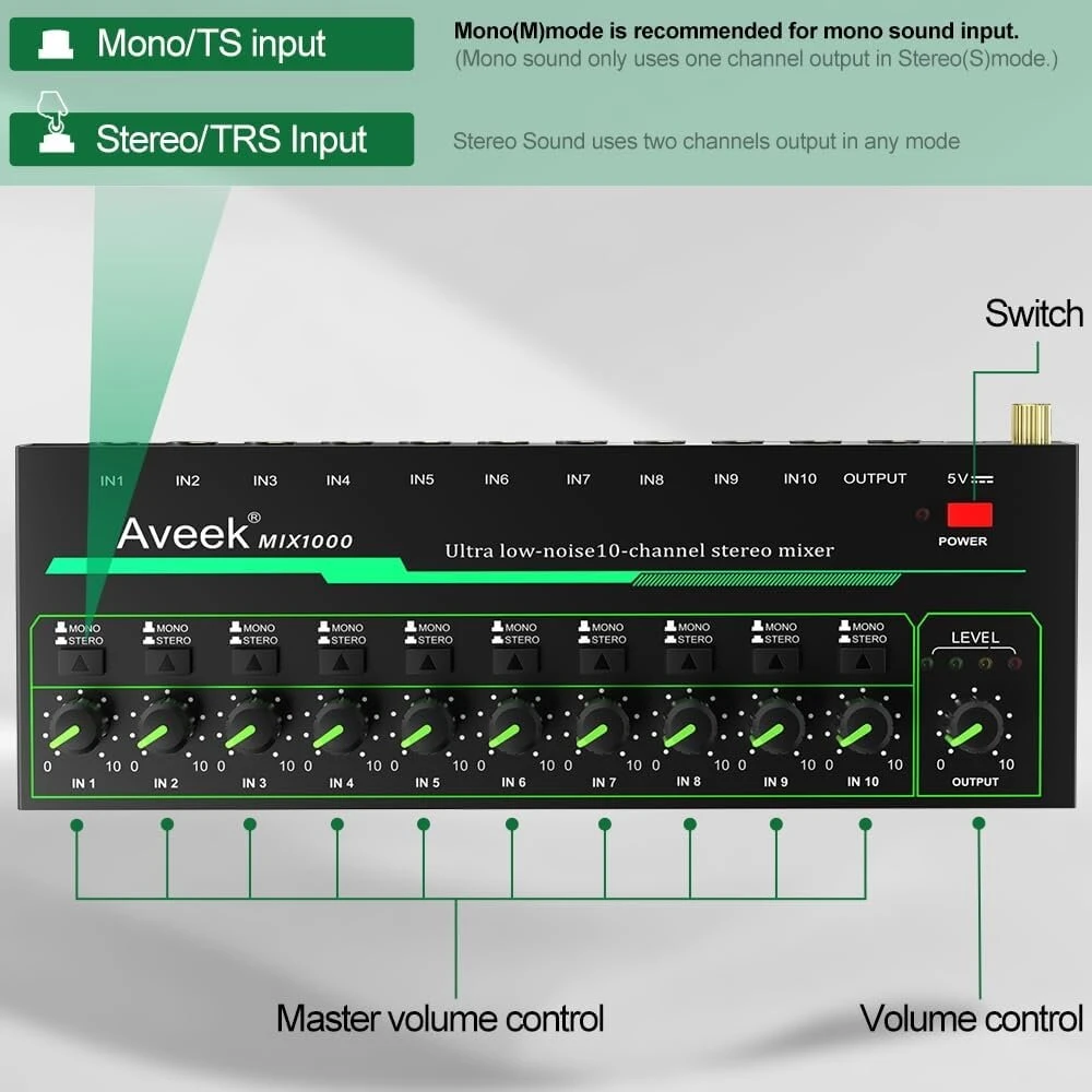 Aveek 10 kanalų mini stereo garso mikšeris, mažo triukšmo, skirtas tiksliam submaišymui, 1/4 colio Trs įvestis/išvestis, idealus Mikrofonams/pc/gitaroms/bosas/scenai