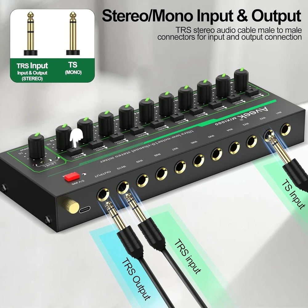 Aveek 10 kanalų mini stereo garso mikšeris, mažo triukšmo, skirtas tiksliam submaišymui, 1/4 colio Trs įvestis/išvestis, idealus Mikrofonams/pc/gitaroms/bosas/scenai