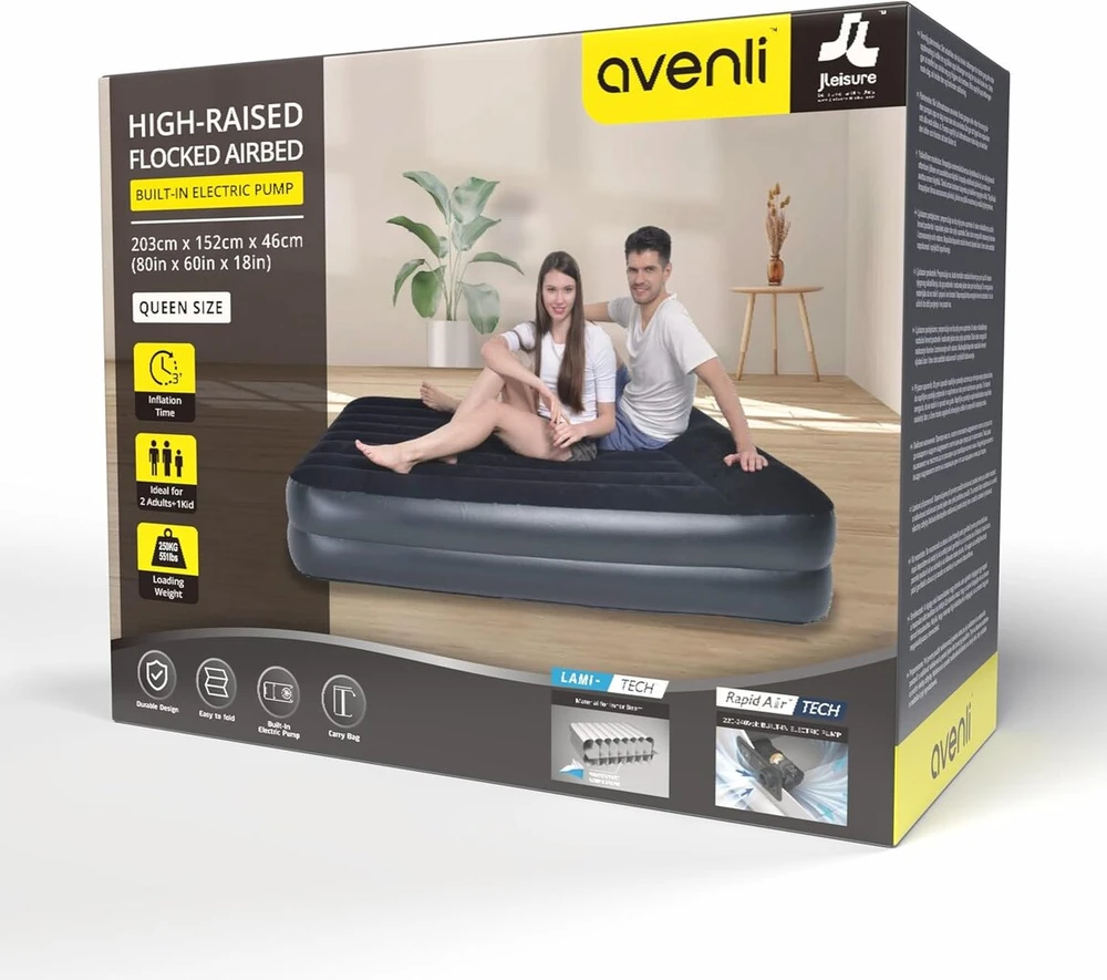 Avenli savaime prisipučiantis oro čiužinys 203 x 152 x 46 cm - patogi oro lova 2 asmenims su integruotu siurbliu - pripučiama svečių lova namams, kelionėms ir stovyklavimui - stabili ir taupanti vietą