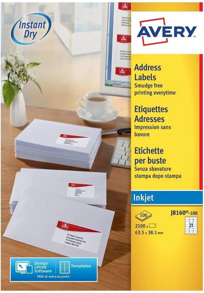 Avery Zweckform, J8160 100 (100 lapų) adresų etiketės C6 formatui, 63 5 vnt.: 1