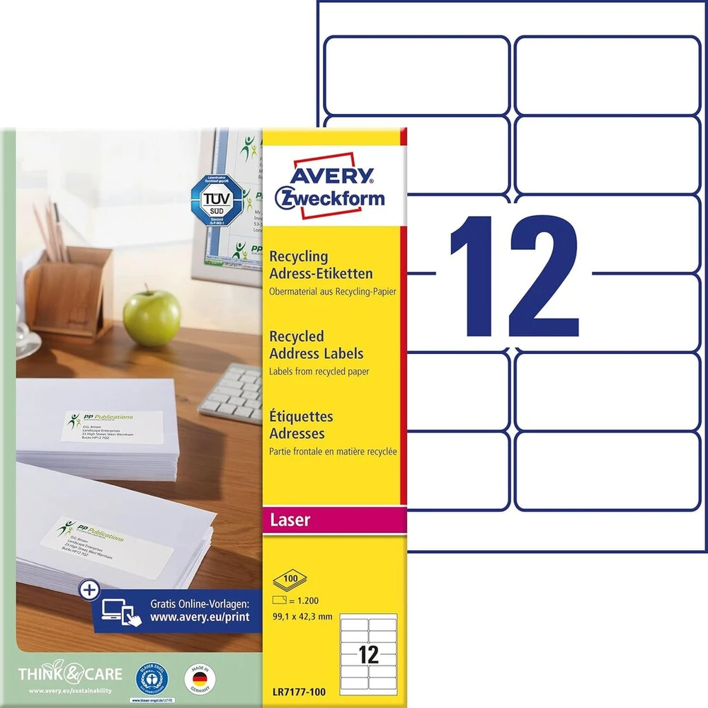 Avery Zweckform Lr7177-100 etiketės iš perdirbto popieriaus (1200 adresų etikečių, 99,1 x 42,3 mm ant A4 formato lapo, 100% perdirbtas popierius, spausdinamos, lipnios, skirtos Din ilgo formato vokams), 100 lapų, natūralios
