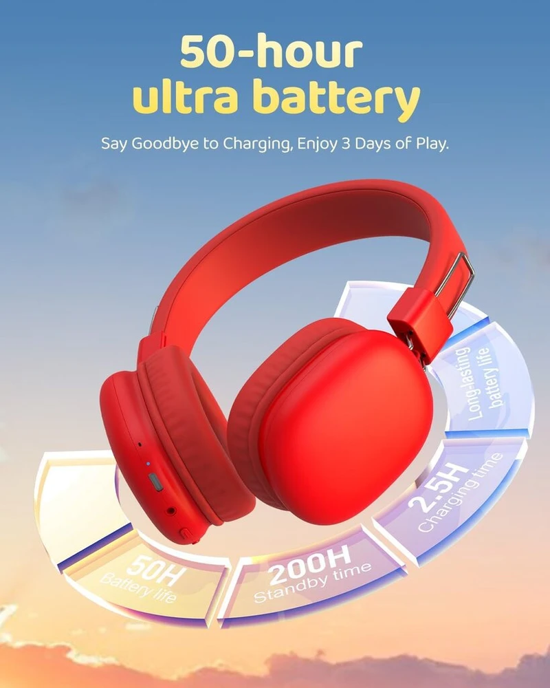 Awatrue vaikiškos bluetooth ausinės, bluetooth 5.4, 85/94 db garso reguliavimas, stereo garsas, 50 valandų grojimo laikas, sulankstomos ir reguliuojamos, belaidės ausinės mokyklai/kelionėms, raudonos