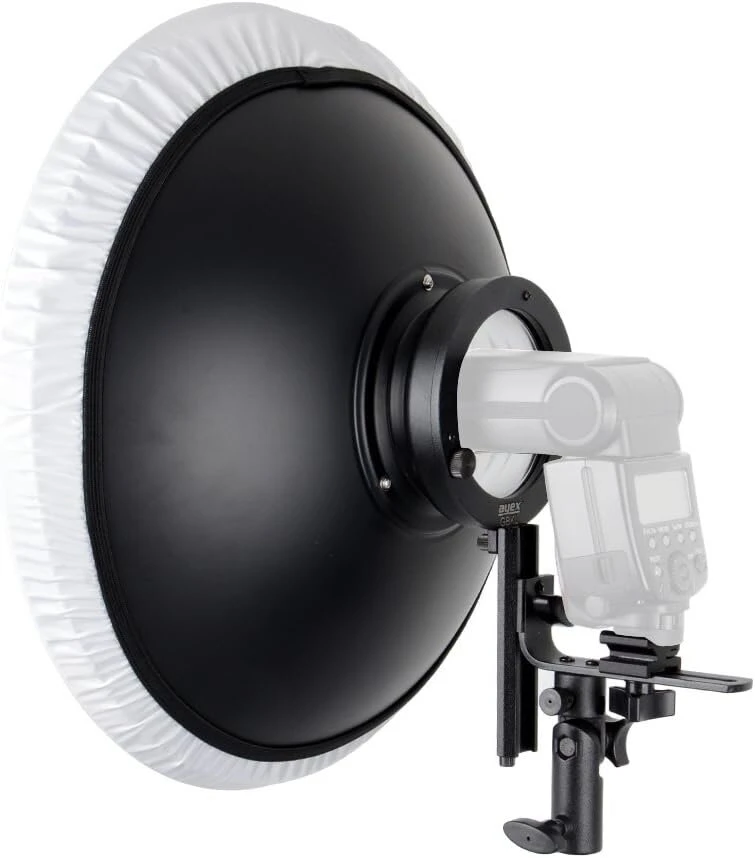 Ayex beauty dish šviesos formavimo įrankis 42 cm sidabrinis su sistemos blykstės laikikliu L formos, su korio priedu ir difuzoriumi