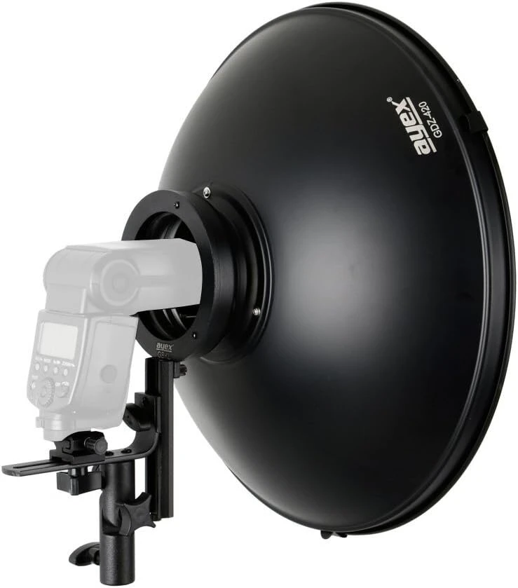 Ayex beauty dish šviesos formavimo įrankis 42 cm sidabrinis su sistemos blykstės laikikliu L formos, su korio priedu ir difuzoriumi
